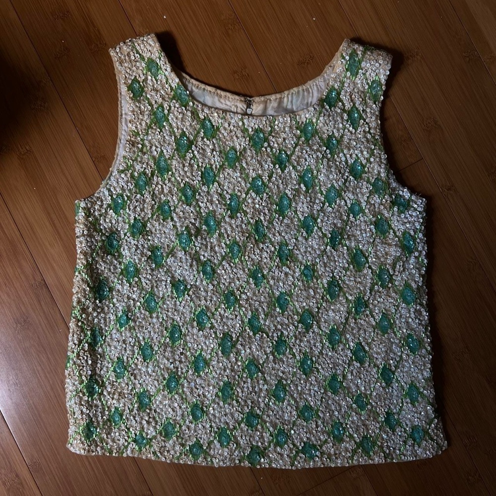 Vintage 1960’s Green + Cream Beaded Sequined Women's Top